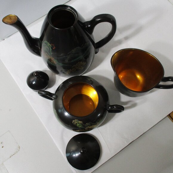23 Piece Vintage Asian Chinese Black Lacquerware Tea Set Tray Cups Pot Oriental - Picture 13 of 16